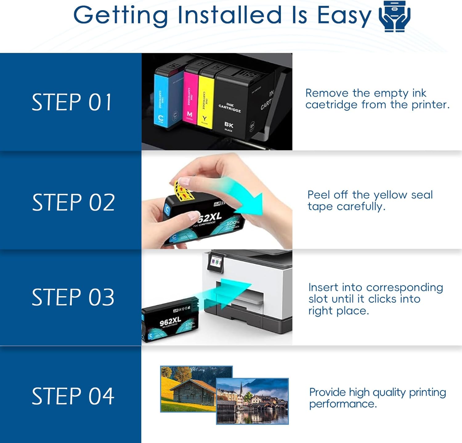 962XL Ink Cartridge 4-Pack Combo Pack Replacement for HP 962 | 962XL Ink Compatible with HP OfficeJet Pro 9010 9012 9013 9014 9015 9015e Printer Ink (4PK BK/C/M/Y)