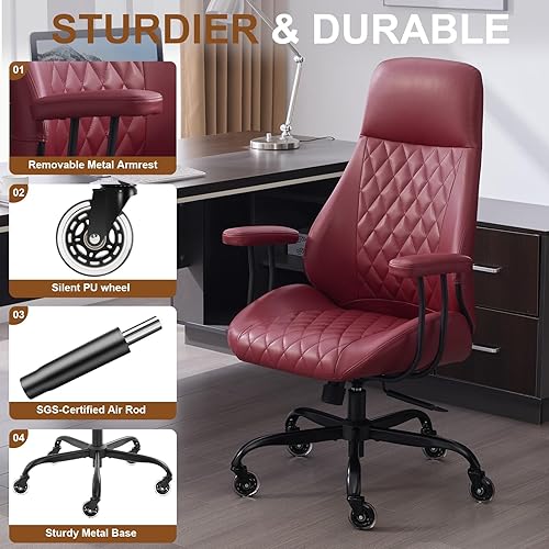 Miniatura 7 de Silla de escritorio de oficina en casa, silla ergonómica de cuero con respaldo alto, soporte lumbar, altura ajustable y reclinable, silla de oficina