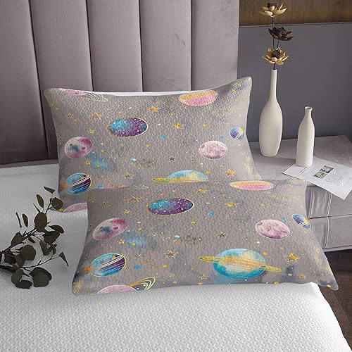 Miniatura 4 de Juego de colcha colorida de galaxia tamaño Queen para niños, niñas y niños, juego de edredón de cielo estrellado de ensueño con planetas arcoíris,