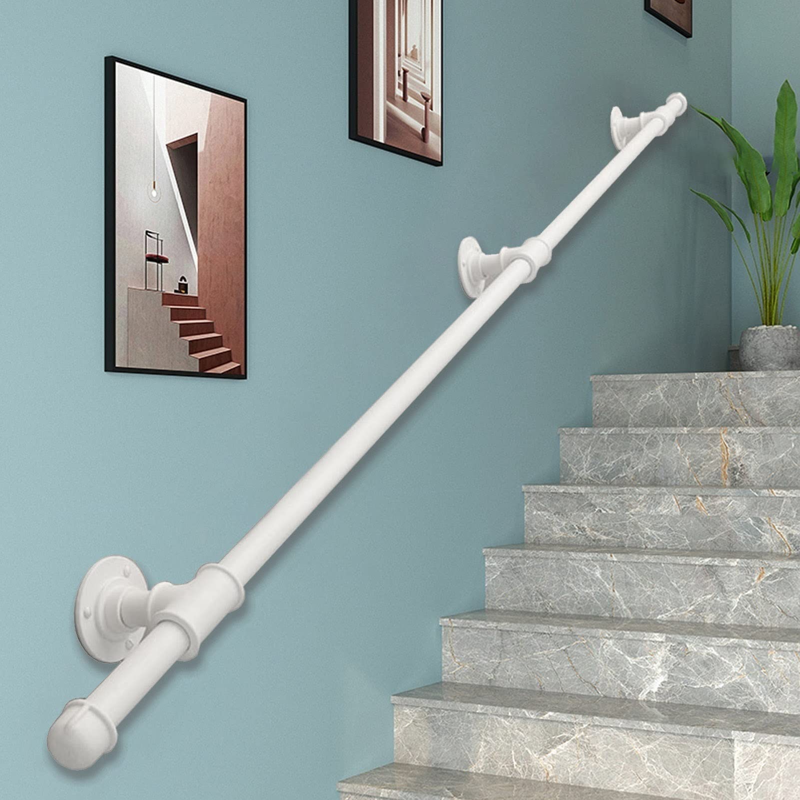 Rampe d'escalier en fer forgé blanc | Main courante murale modulable 60cm à 6m