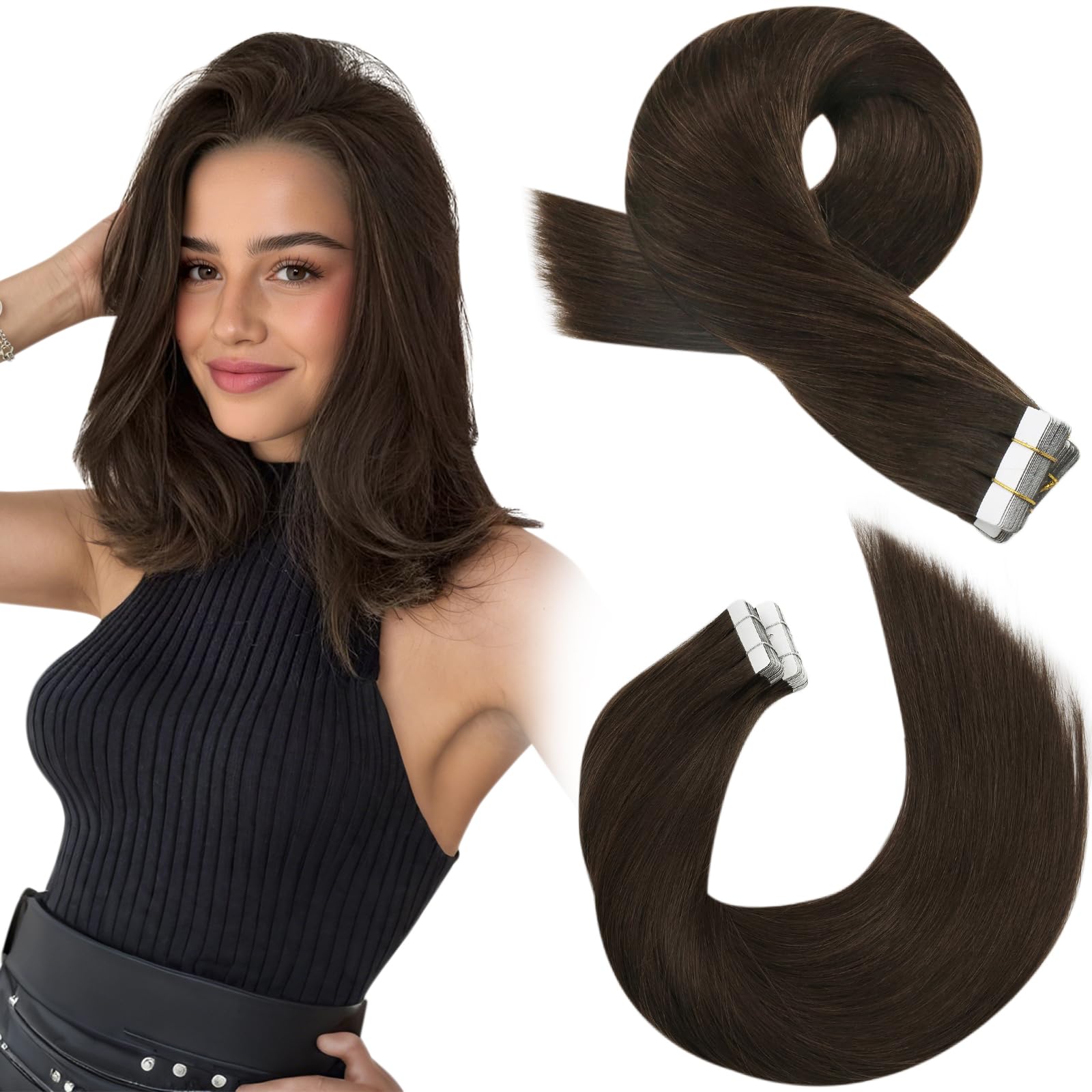 Moresoo Tape in Hair Extensions Human Hair 40pcs Dark Brown Real Remy Human Hair Extensions Tapes in Straight Shoulder-length Hair for Natural Looking Daily Use 14 Inch 80g #4