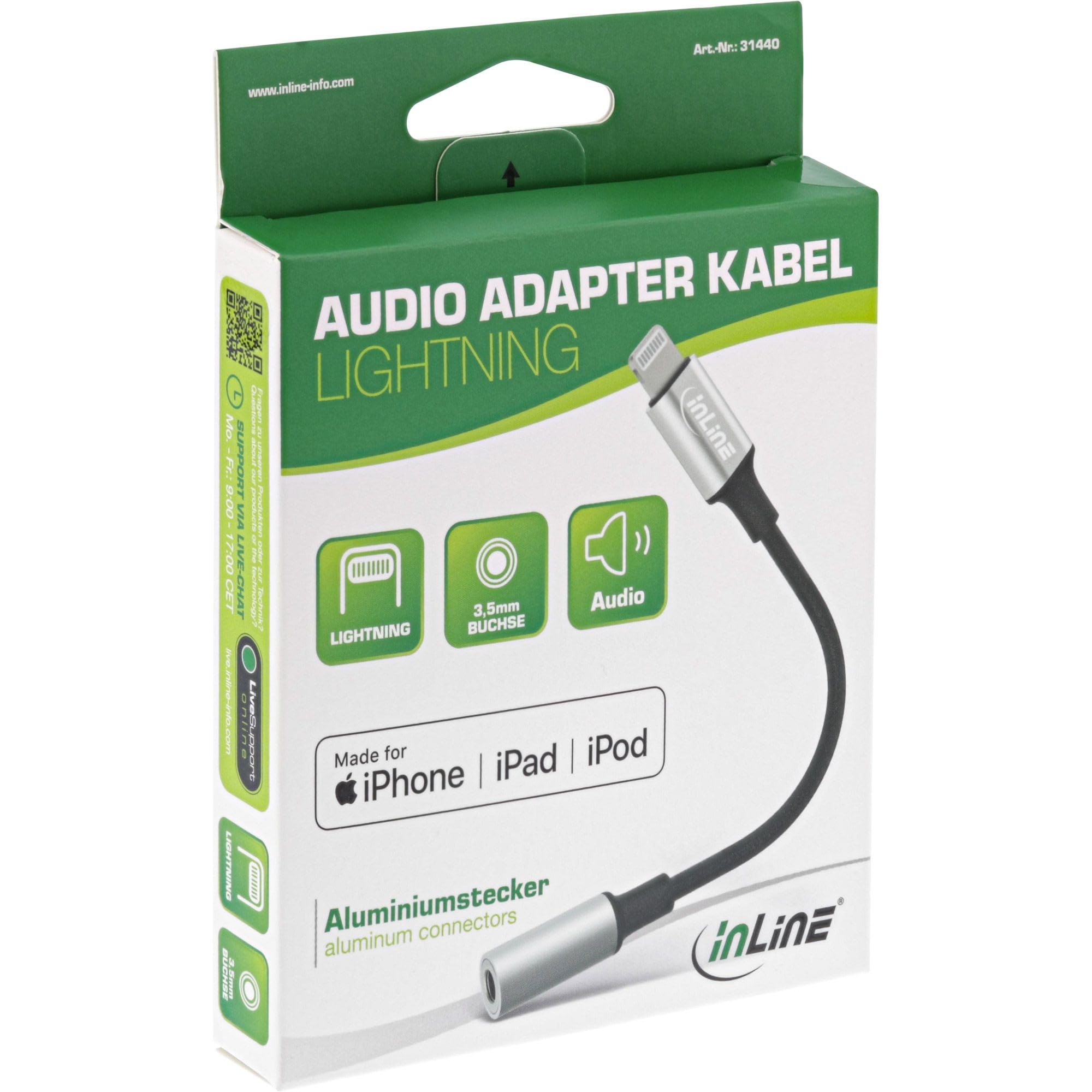 InLine 31440 Lightning adapter audio do iPada, iPhone'a, iPoda, srebrny/czarny, 0,1 m