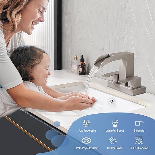 Miniatura 2 de Grifo de lavabo central de 4 pulgadas, grifo de baño de doble manija, adecuado para remodelación de baño, de dos o 3 agujeros, de níquel cepillado