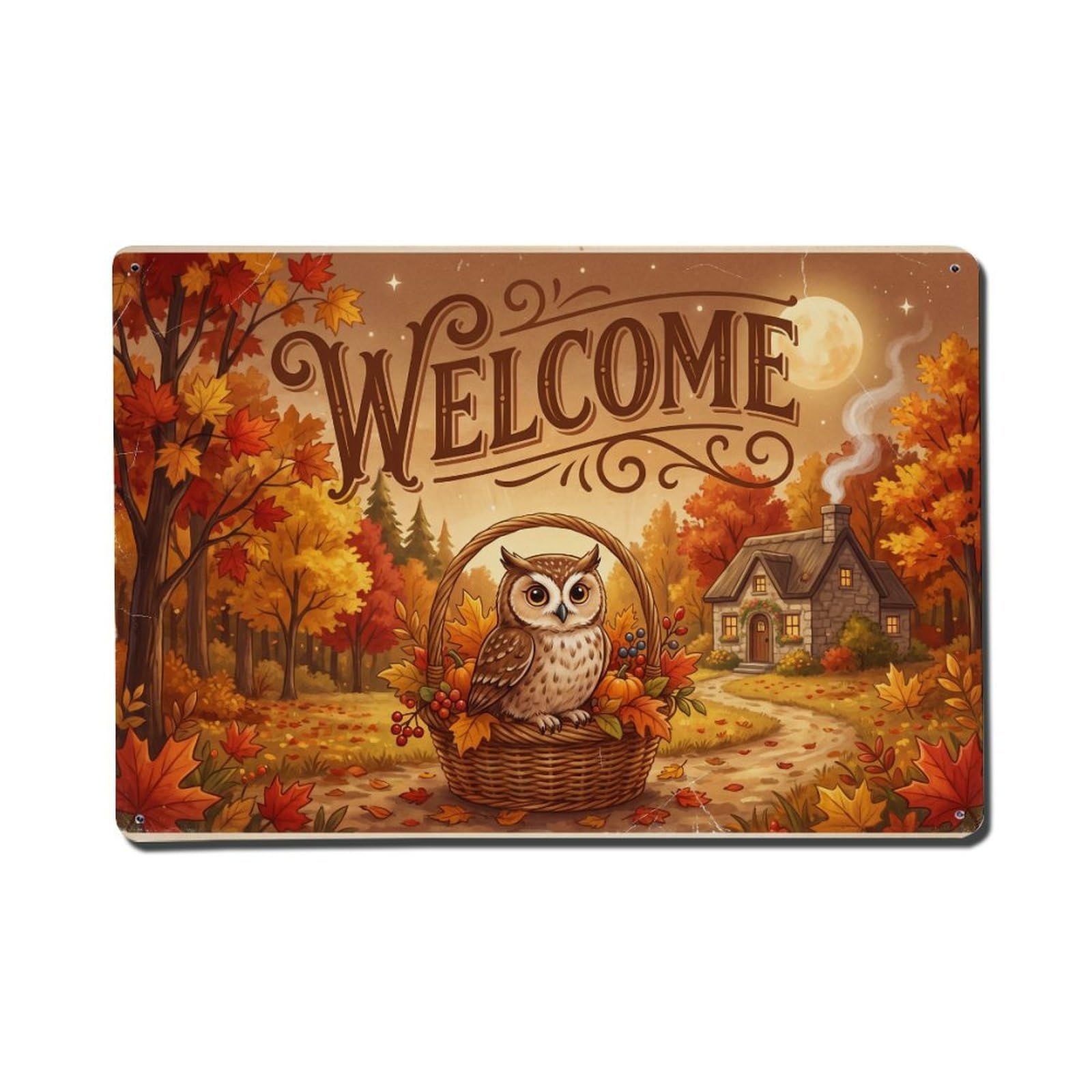 Vintage Welcome Owl Autumn Leaves Metal Tin Sign