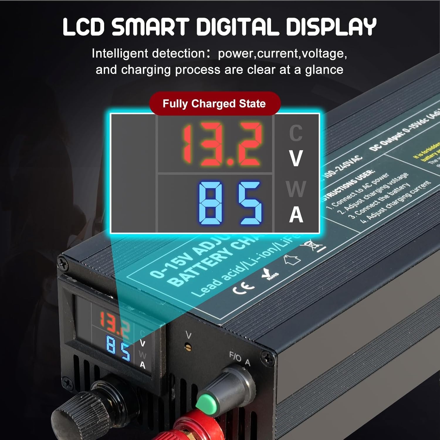 Cargador Batería LiFePO4 12V 100A, Regulación Voltaje Multivueltas 0-15V Preciso, Cargador Baterías 12.6V 14.6V Rápido, Terminales Positivo/Negativo Reemplazables