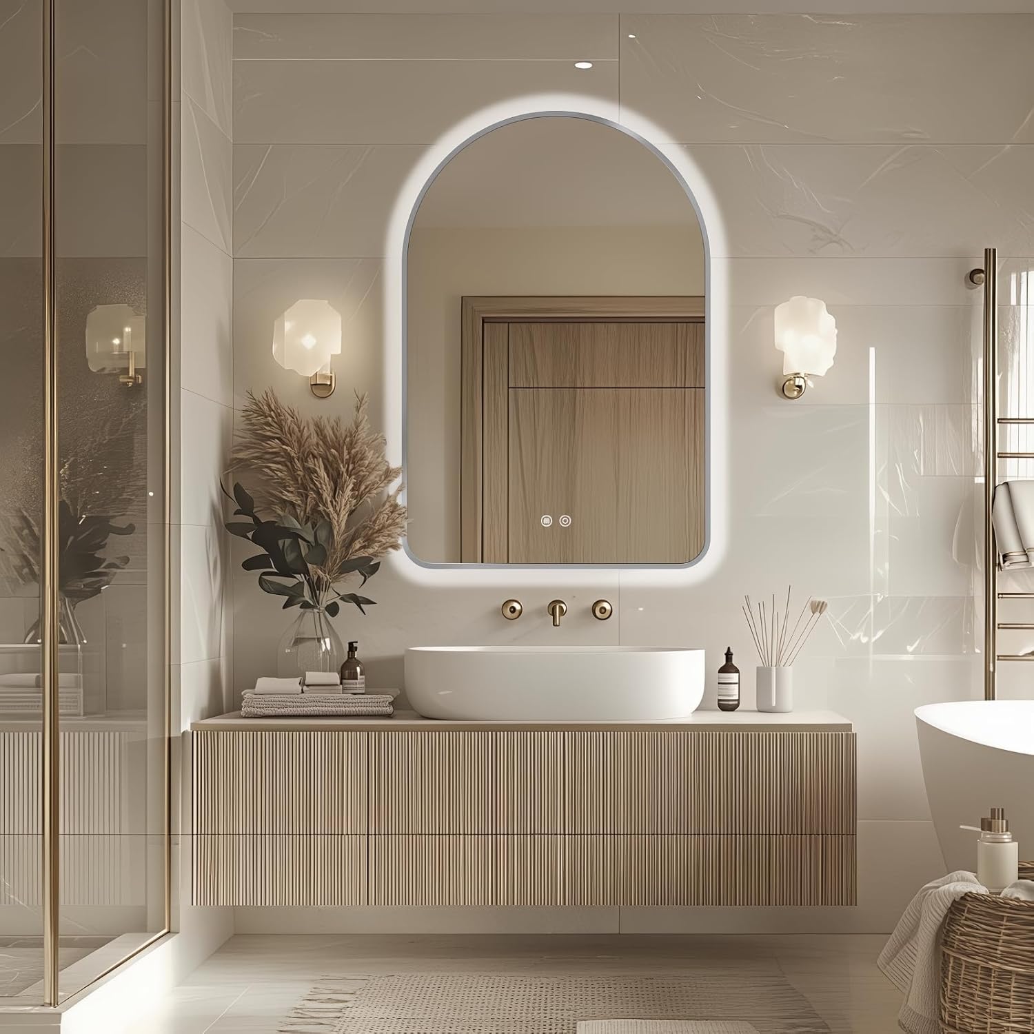 Arched LED Bathroom Mirror, 36"x24" Silver Framed Arch Backlit Mirror with Lights, Lighted Vanity Mirror for Wall, Anti-Fog, 3 Colors, Dimmable, Adjustable Brightness, Waterproof, UL Listed