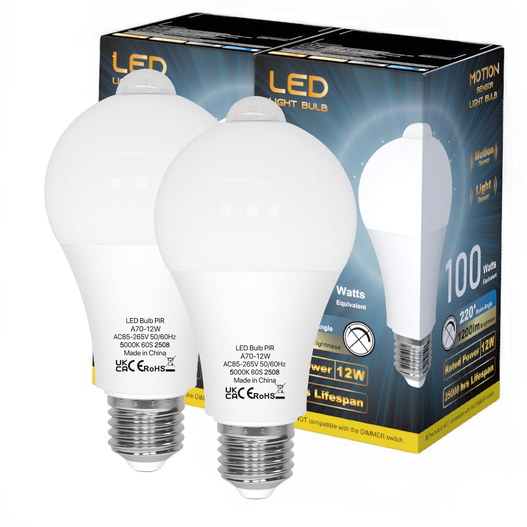 LUTW Motion Sensor Light Bulb, 12W E27 Screw Bulb Daylight White 5000K, Equivalent to 100W Incandescent, 1200LM Auto On/Off Indoor Outdoor Security LED Bulb for Garage, Stairs, Hallway, 2 Pack
