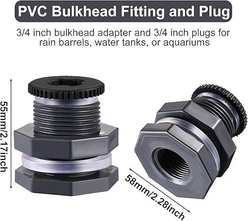 Miniatura 2 de Outus 2 Pieces PVC Bulkhead Fitting with Plugs for Rain Barrels, Aquariums, Water Tanks, Tubs, Pools (3/4 Inch+4 mm Thick Silicon Seal Gaskett,Dark