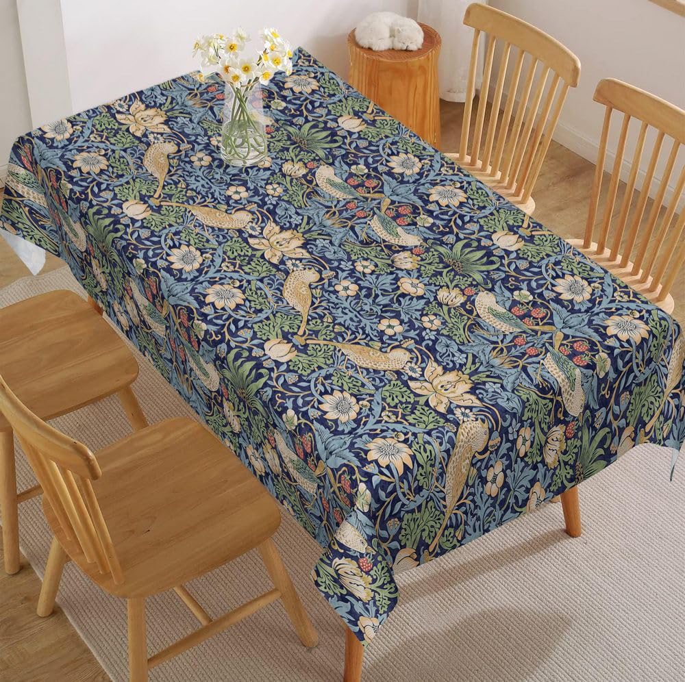 Fchen art Boho Flower Bird Rectangle Tablecloth,Waterproof Stain Resistant Farmhouse Table Cloth,Navy Blue/Red/Green Elegant Decorative Table Cover for Dining Table,Buffet Parties,Camping — image 1