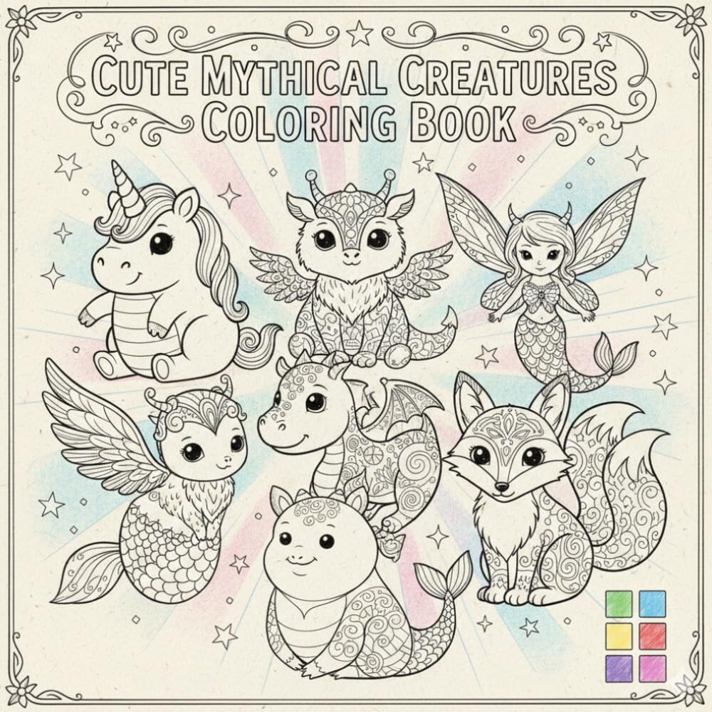 Cute Mythical Creatures Coloring Book: Cute and Magical Fantasy Animals for Kids, Teens and Adults
