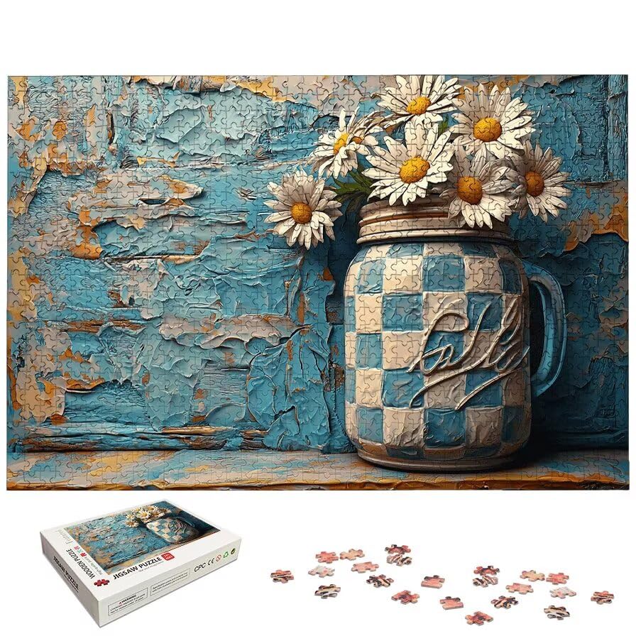 Puzzle 1000 sztuk butelki, drewniane puzzle stokrotki dla dorosłych, rozmiar: 75 x 50 cm, puzzle 1000 sztuk dla dorosłych, rodzinne gry edukacyjne, puzzle na prezent dla kobiet, wystrój domu, -7173