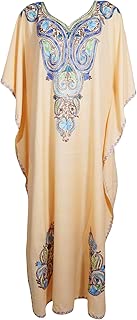 Indiatrendzs Womens Boho Loose Floral Kaftan Floral Embroidered Kimono Dress 2X Beige