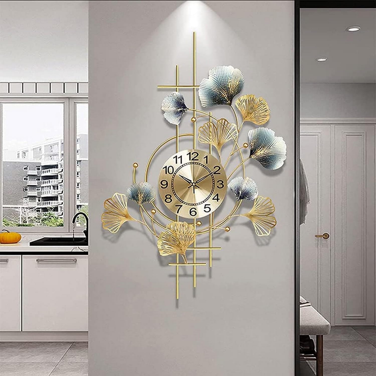 SaryEdge Wall Clock Metal Home Wall Mounted Clock,No-Ticking Silent Home Wall Mounted Clocks, Ginkgo Leaf Art Wall Decor,