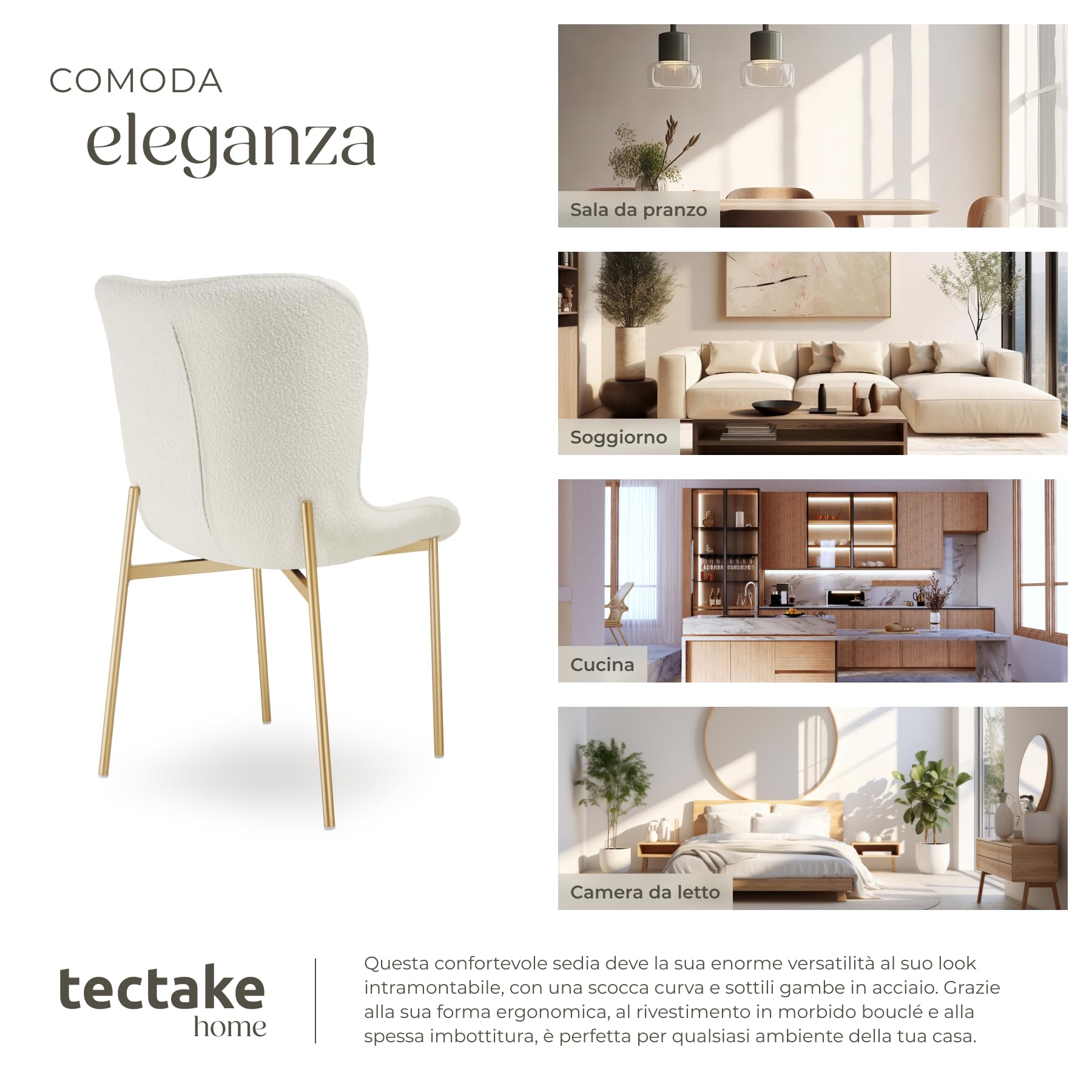 tectake® Poltrona in Stile Scandinavo, Seduta Ergonomica, Gambe in Acciaio, Cappucci Antiscivolo, Sedia Sala da Pranzo, Cucina, Sedia Soggiorno - Bouclé Bianco/Oro