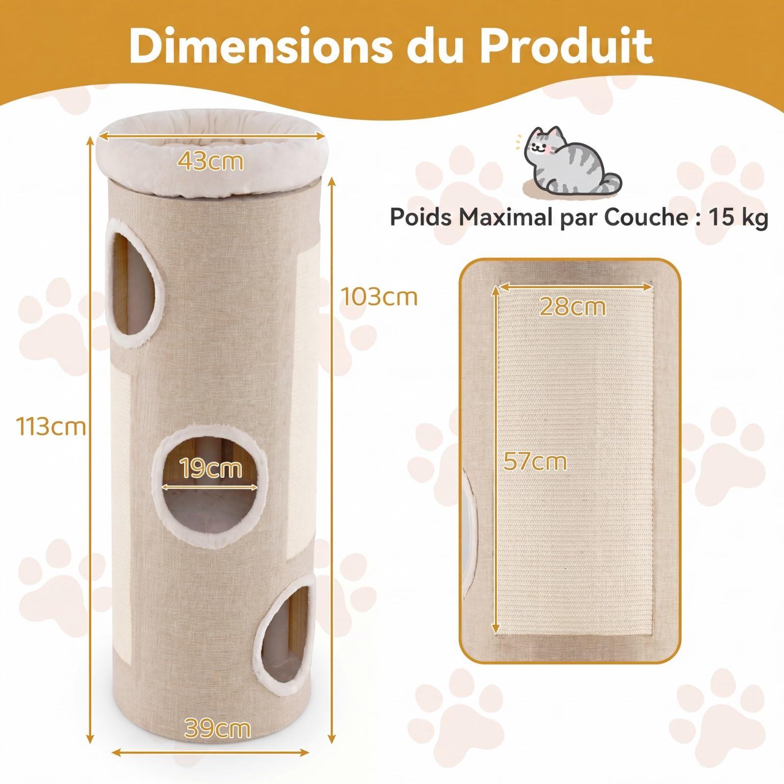 GYMAX Griffoir Dome 113cm avec Perchoir Souple, Tonneau à Griffer pour Chats, avec 3 Entrées, 2 Panneaux en Sisal à Gratter, Tissu Respirant, Matériau Intérieur Naturel