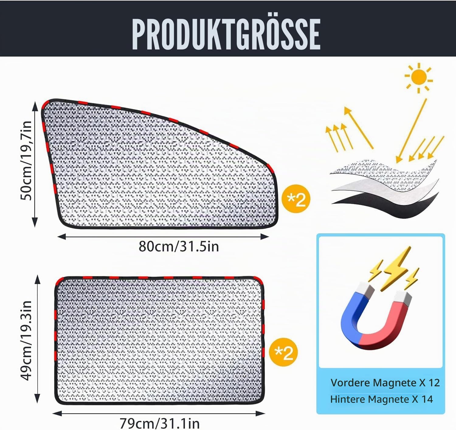 ZATOOTO Sonnenschutz Auto Seitenscheibe - Sichtschutz Fenster, Auto Fenster Verdunkelung, Sonnenschutz Auto Magnetisch, Auto Vorhang mit UV-Schutz, Silber