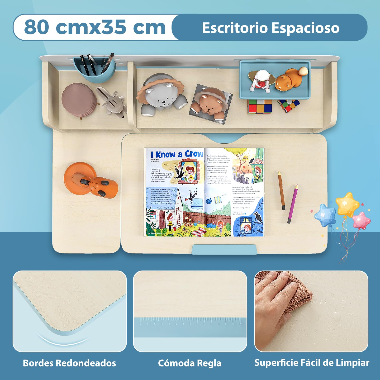 GOPLUS Escritorio de Estudio Infantil Multifuncional con Escritorio Inclinable, Mesa de Estudio para Niños Altura Ajustable, Cajón Extraíble, Soporte para Libros, para Niños de 3-12 Años (Azul)