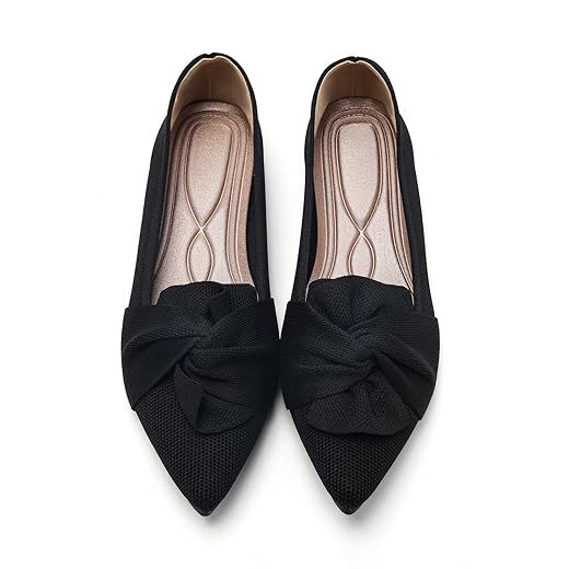 Flats for Womens Pointed Toe Ballet Flats with Bow Comfortable Knit Dressy Flats