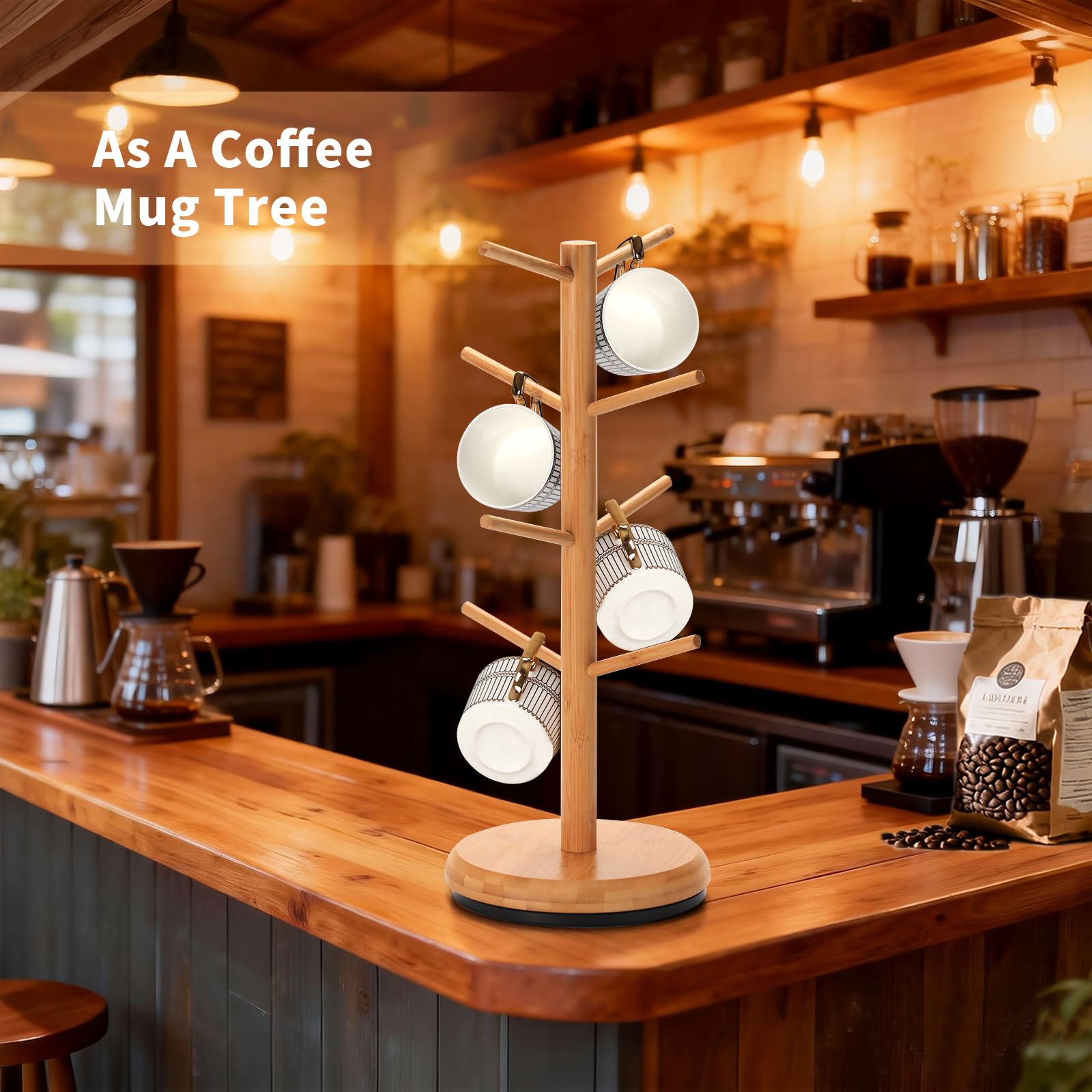 BAMBANG Albero porta tazze, girevole a 360°, 8 ganci, supporto per tazze da caffè per piano di lavoro, in bambù, per cucina e casa, naturale