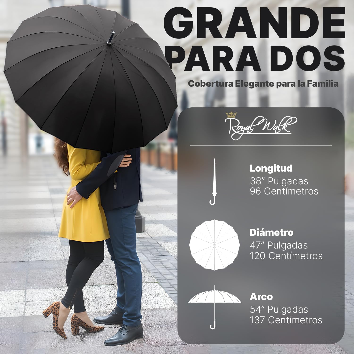 Royal Walk Paraguas Antiviento Automático 54 Pulgadas 120cm 16 Varillas Impermeable Negro
