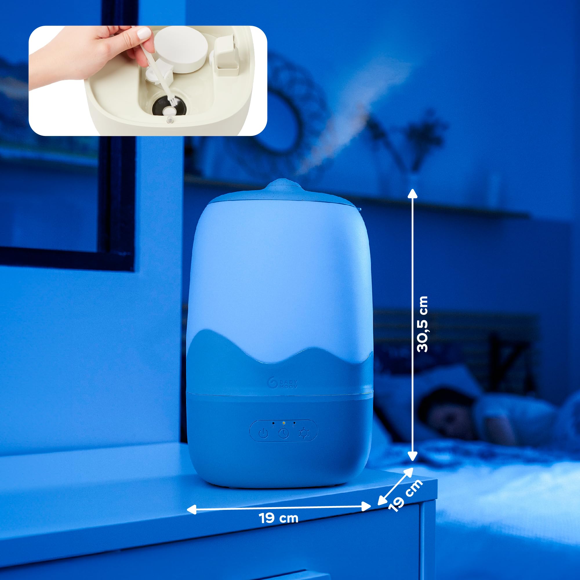 Babymoov Humidificateur d'air Wave - Vapeur Froide - Longue Autonomie Jusqu'à 26h (4L) - Minuterie 2, 4, 8h - Arrêt Auto Buse 360°- Simple d'Utilisation - Veilleuse Multicolore - Silencieux