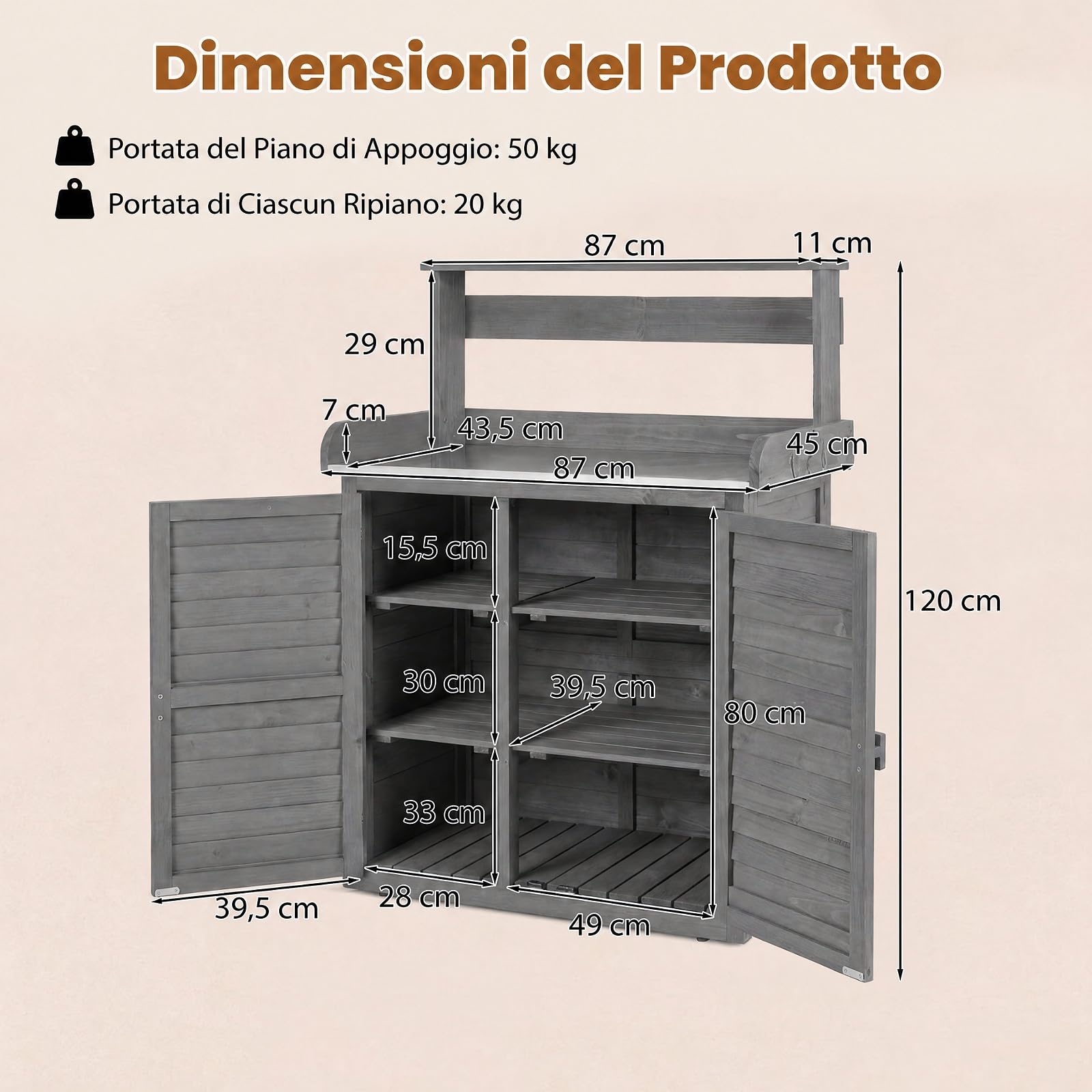 COSTWAY Armadietto da Esterno in Legno a 2 Livelli con Piano di Lavoro in Metallo Zincato, 3 Ganci Appendiabiti, Ripiani Rimovibili e Ante a Doghe, per Giardino, Balcone e Cortile (Grigio)