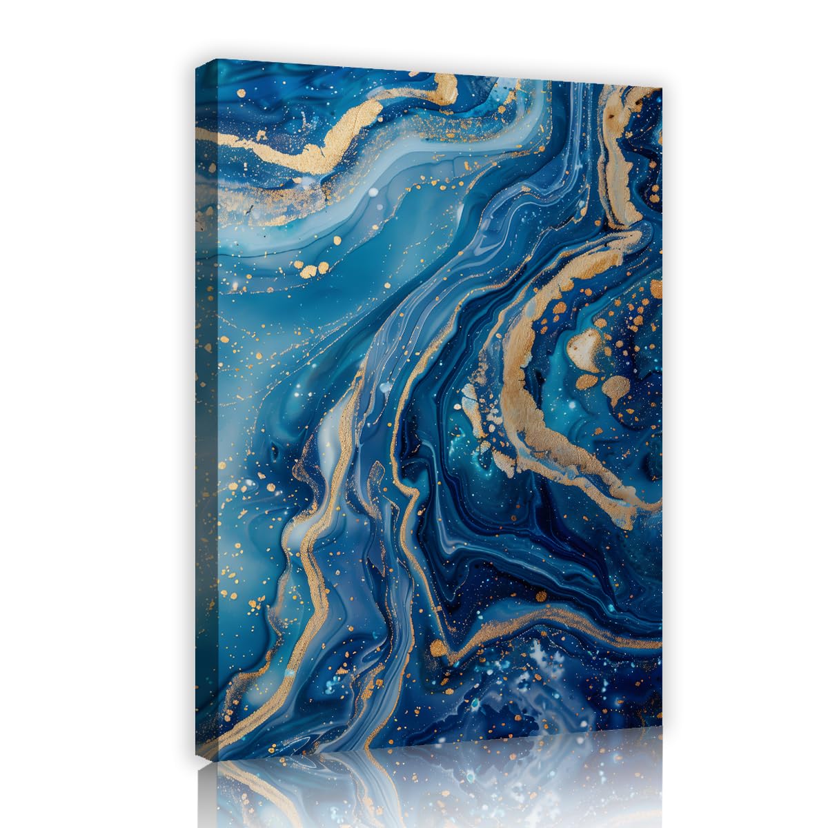 Via Vela Teal Blue Gold Marble Canvas Wall Art, Ocean Wave Fluid Abstract Print, Large Framed Navy Metallic Seascape Pictures for Living Room Great Room Decor, Ready to Hang 70x105cm