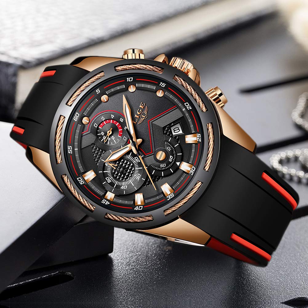 LIGE Montres Hommes Mode Élégant Analogique Quartz Chronographe Étanche Silicone Homme Montre Bracelet Sport Grand Noir Cadran Rond Business Casual Robe Hommes Montre Calendrier