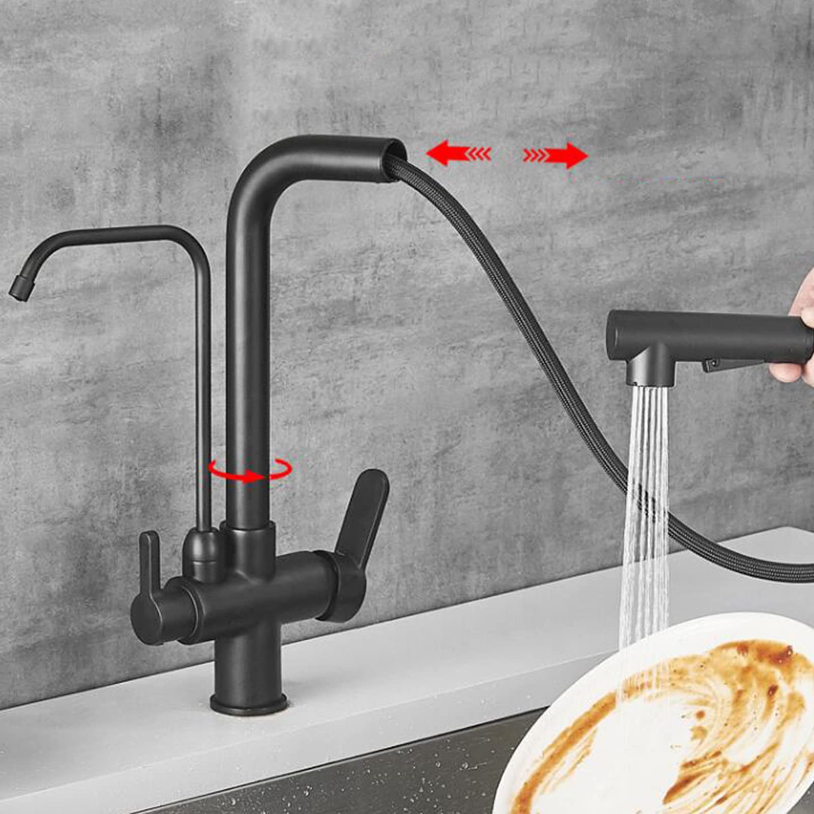 Robinet de Cuisine à 3 Voies avec douchette extractible, évier pivotant en Laiton Noir