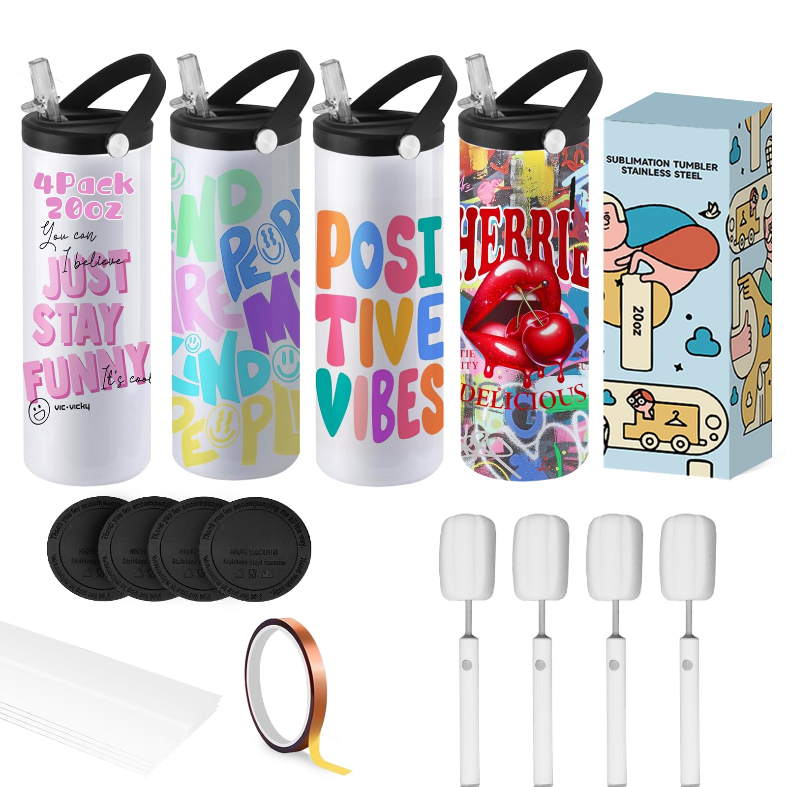 Sublimation Cups 4 Pack Sublimation Water Bottle 20 Oz Stainless Steel Tumbler Straight Sports Bottles Mugs with Portable Sippy up Lid with Straw,for Tumbler Heat Press