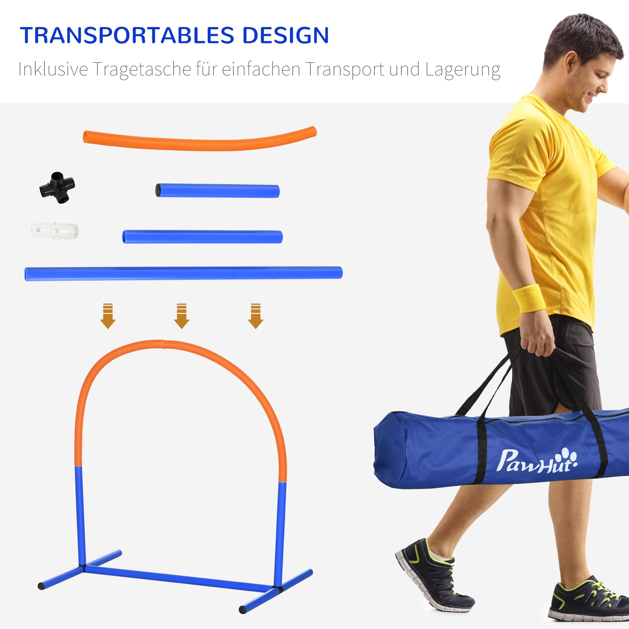 PawHut Hunde-Agility-Trainingsgeräte, Hund Agility Set, 4-teilges Agilityset für ältere Hunde, Hundetrainigsset mit Tragetasche, Blau+Orange, 88 x 64 x 95 cm