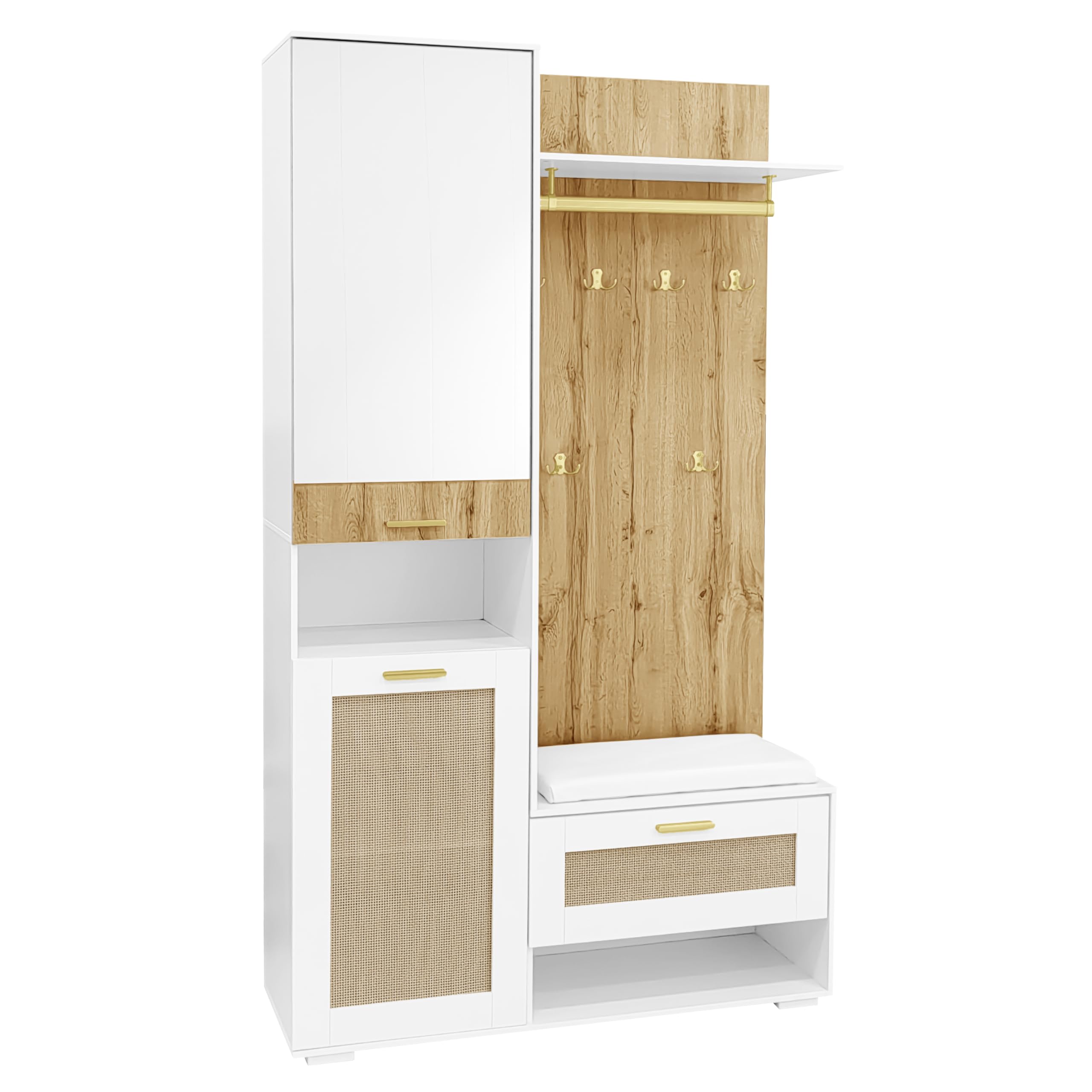 ZYLOYAL10 Ensemble de garde-robe avec miroir, 5 crochets dorés, armoire à chaussures, porte-manteau mural, compartiment de rangement supérieur, banc et éclairage LED 16 couleurs