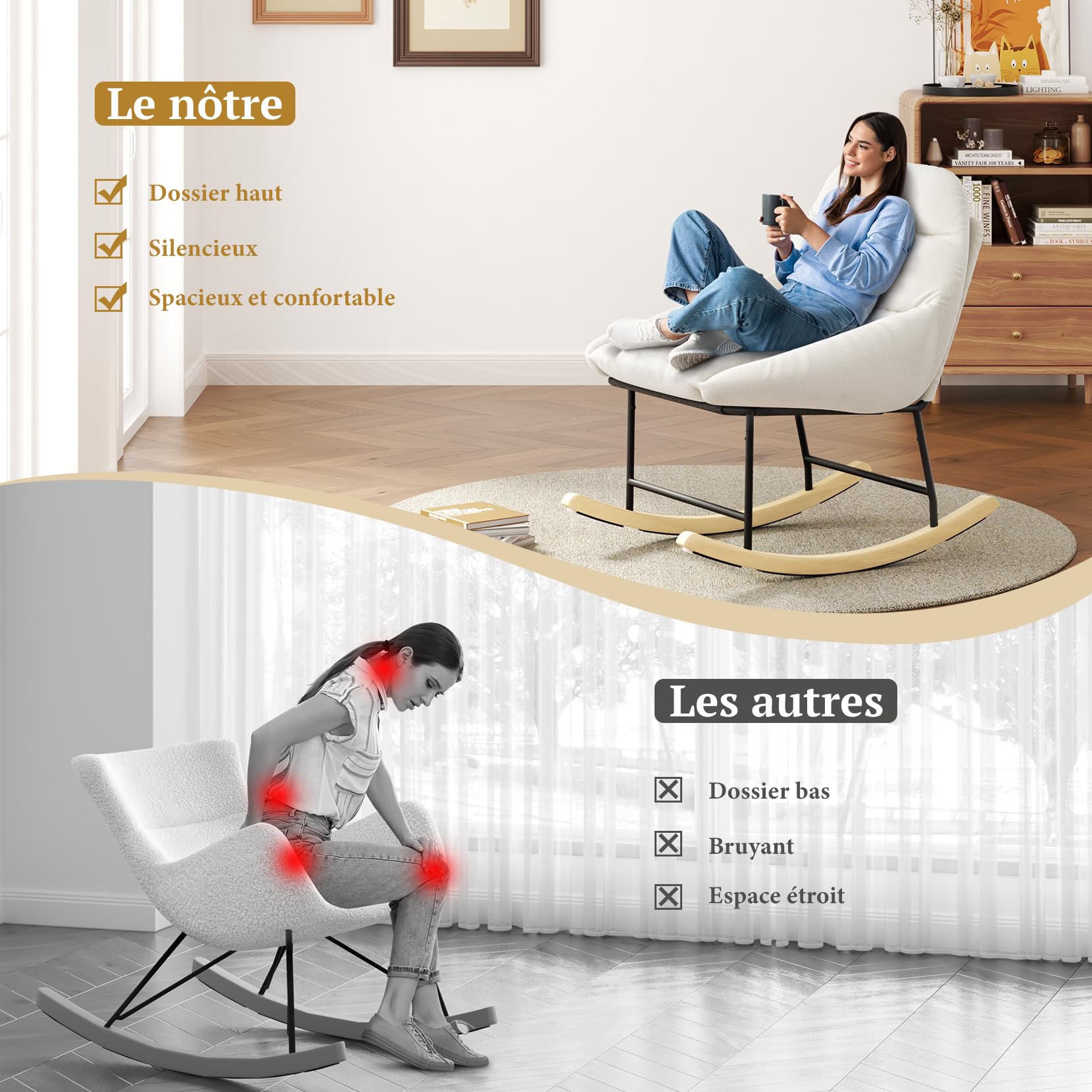 Fauteuil à bascule confortable pour chambre d'enfant, avec rembourrage en polaire Sherpa, assise profonde, assise rembourrée et accoudoirs larges, pour salon, chambre à coucher et bureau, beige