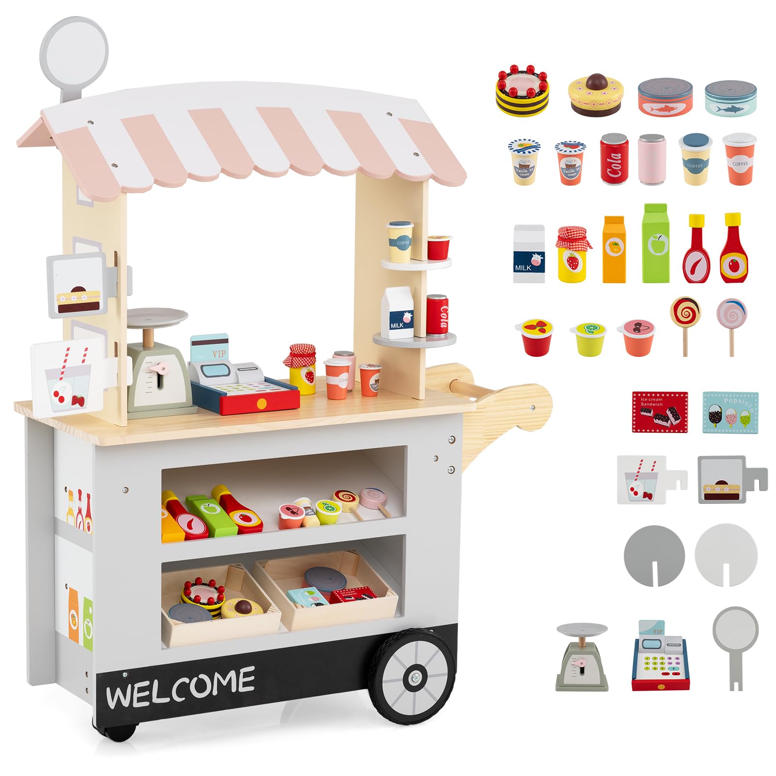 DREAMADE Kaufladen aus Holz, Kaufmannsladen mit 30 Zubehörteilen, Verkaufswagen mit 3 Rädern, Schiebegriff & Baldachin, Spielset Rollenspiele für Kinder ab 3 Jahren (Grau)