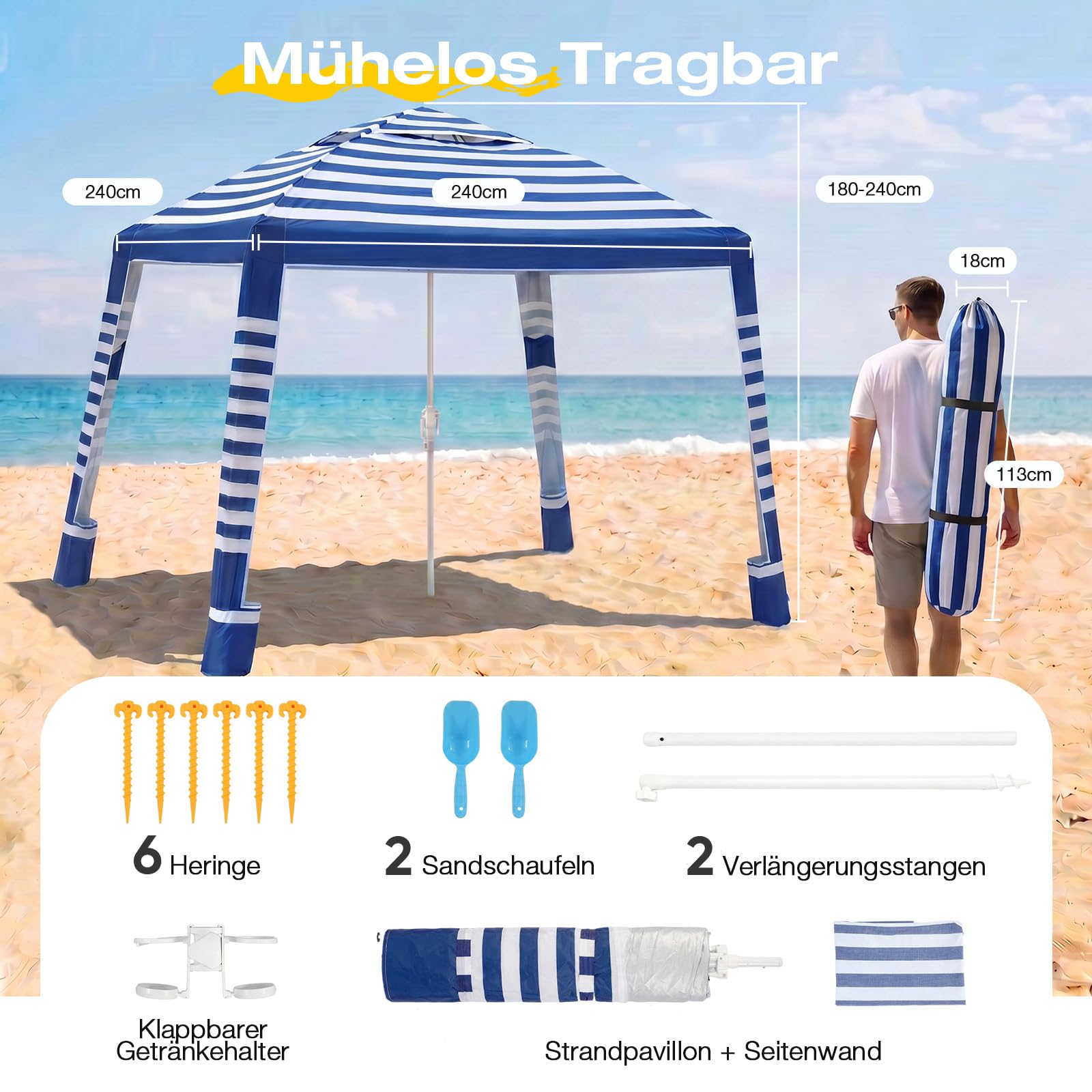 Sekey Strandmuschel pop up UV-Schutz 50, höhenverstellbar & einfacher Aufbau mit Seitenvorhang, als stabiles Strandzelt & Sonnensegel Strand, windfest & wasserdicht für Strand, (Blaue Streifen)