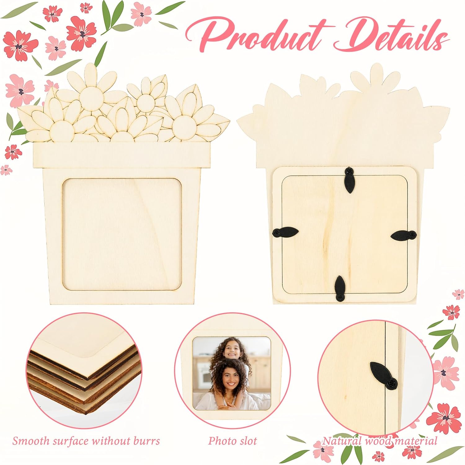 24 Pcs DIY Wooden Picture Frame Craft Kit, Mother's Day Flower Photo Frame Magnets to Paint, Unfinished Wood Frames with Color Pens, Gem Stickers & EVA Foam Shapes, Handmade Gift Set