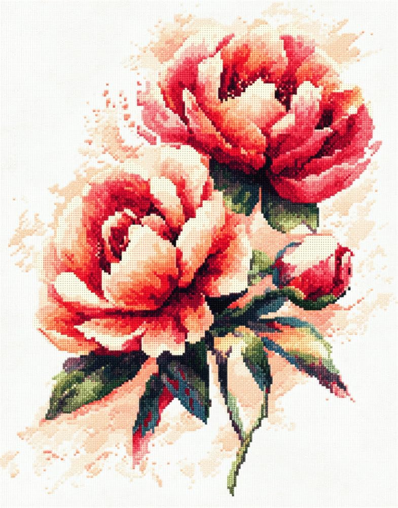 Rqwybcaxn 14Ct Cross Stitch, 14 Count Counted Stamped Pre Printed Cross Stitch Beautiful Peony Flowers Embroidery Kits For Adults Beginners Starter Advanced Easy Crossstitch Patterns Set 15.7X19.7inch