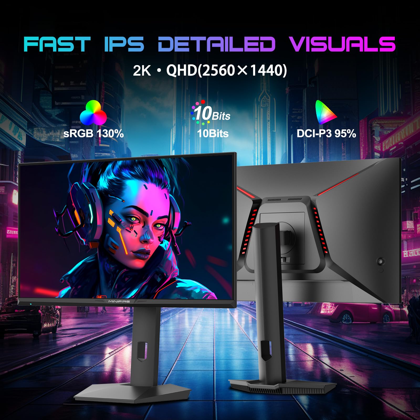 Minifire 27 inch Gaming Monitor, 2560x1440 WQHD 300Hz IPS Panel, DCI-P3 90%, sRGB130%, HDR400, 1ms, Adaptive Sync, Vertical Horizontal Rotation,Tilt Adjustable, DP1.4&HDMI2.1, VESA Mount, MFG27F6Pro — view 2