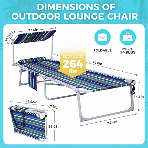Miniatura 3 de #WEJOY Sillón plegable con toldo para patio, portátil, ajustable, de 5 posiciones, tumbona con almohada y bolsillo de almacenamiento para colocar en
