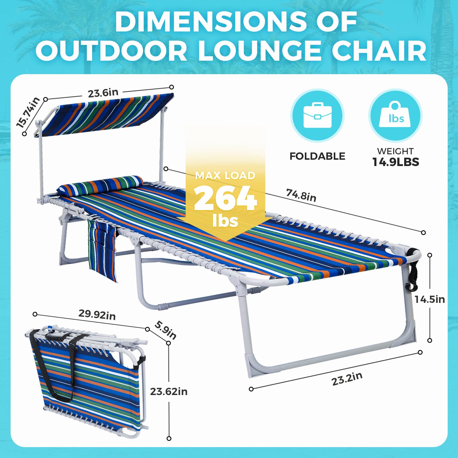 WEJOY Klappbarer Loungesessel Mit Baldachin: 5-fach Verstellbar, Inkl. Kissen & Tragetasche, Für Garten, Strand & Camping