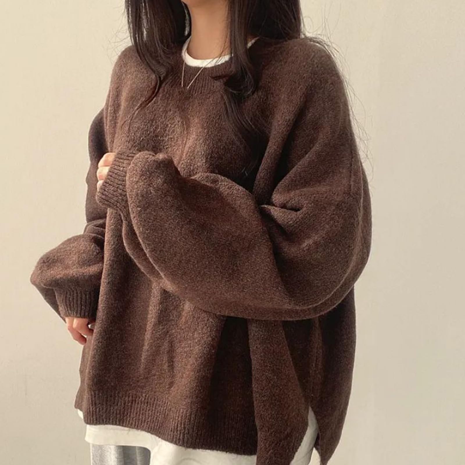 Amazon.com: Women's Solid Knitting Split Hem Crewneck Jumper