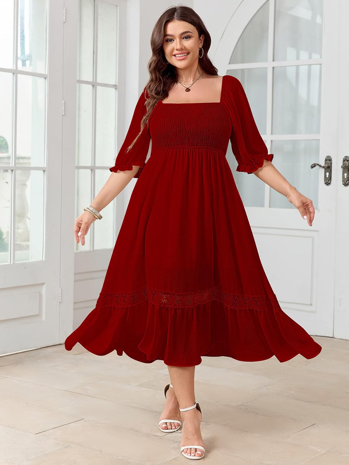 SCOMCHIC Women's Plus Size Maxi Dress Short Sleeve Square Neck Smocked Flowy A-Line Lace Trim Boho Wedding Guest Dresses - Image 5