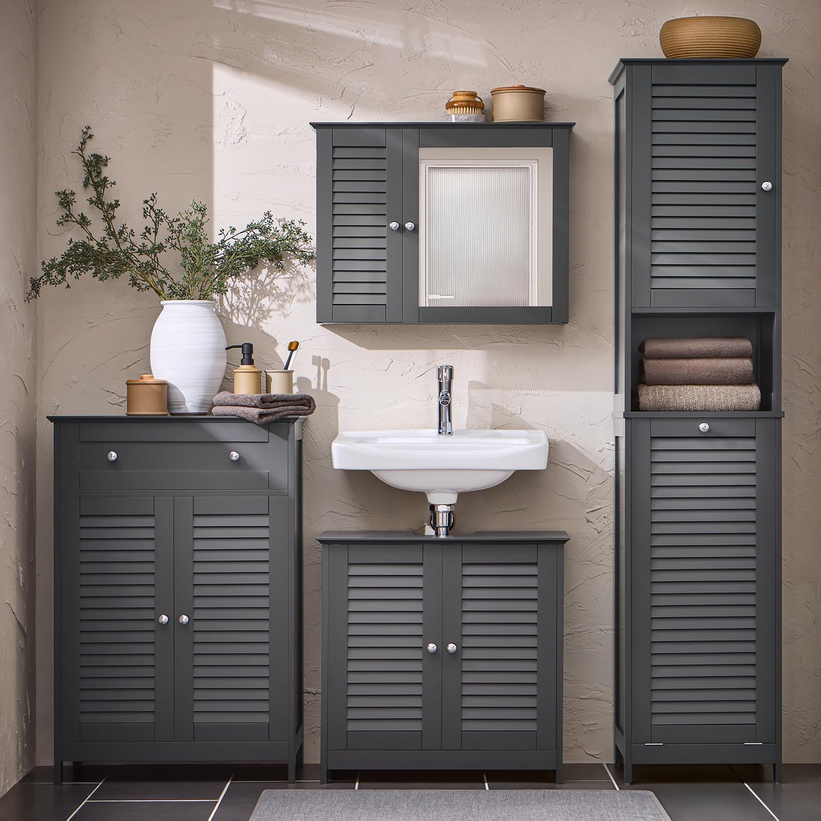SoBuy Mueble Baño Estrecho con Cesto para Ropa Sucia 40x170x38 cm | Mueble Ropa Sucia, Armario Baño Columna Auxiliar de Baño con Estantería, Mueble Almacenaje,Gris Oscuro BZR124-DG
