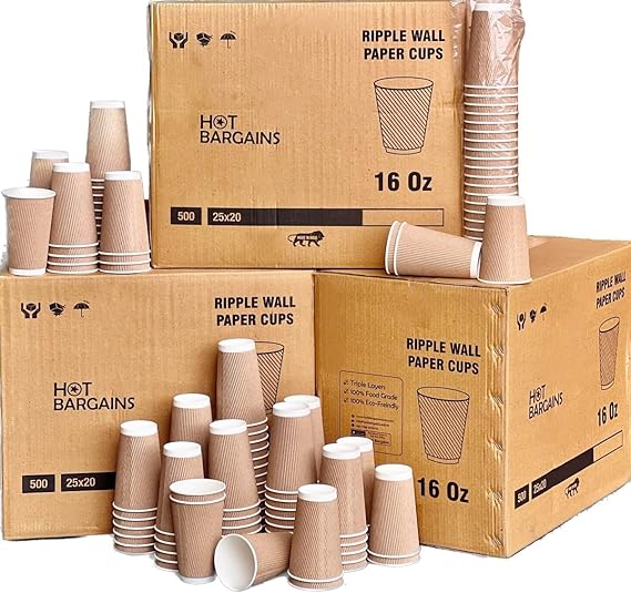 HOT BARGAINS, 500 x Kraft 16oz Disposable Coffee Cups Ripple 3 Ply