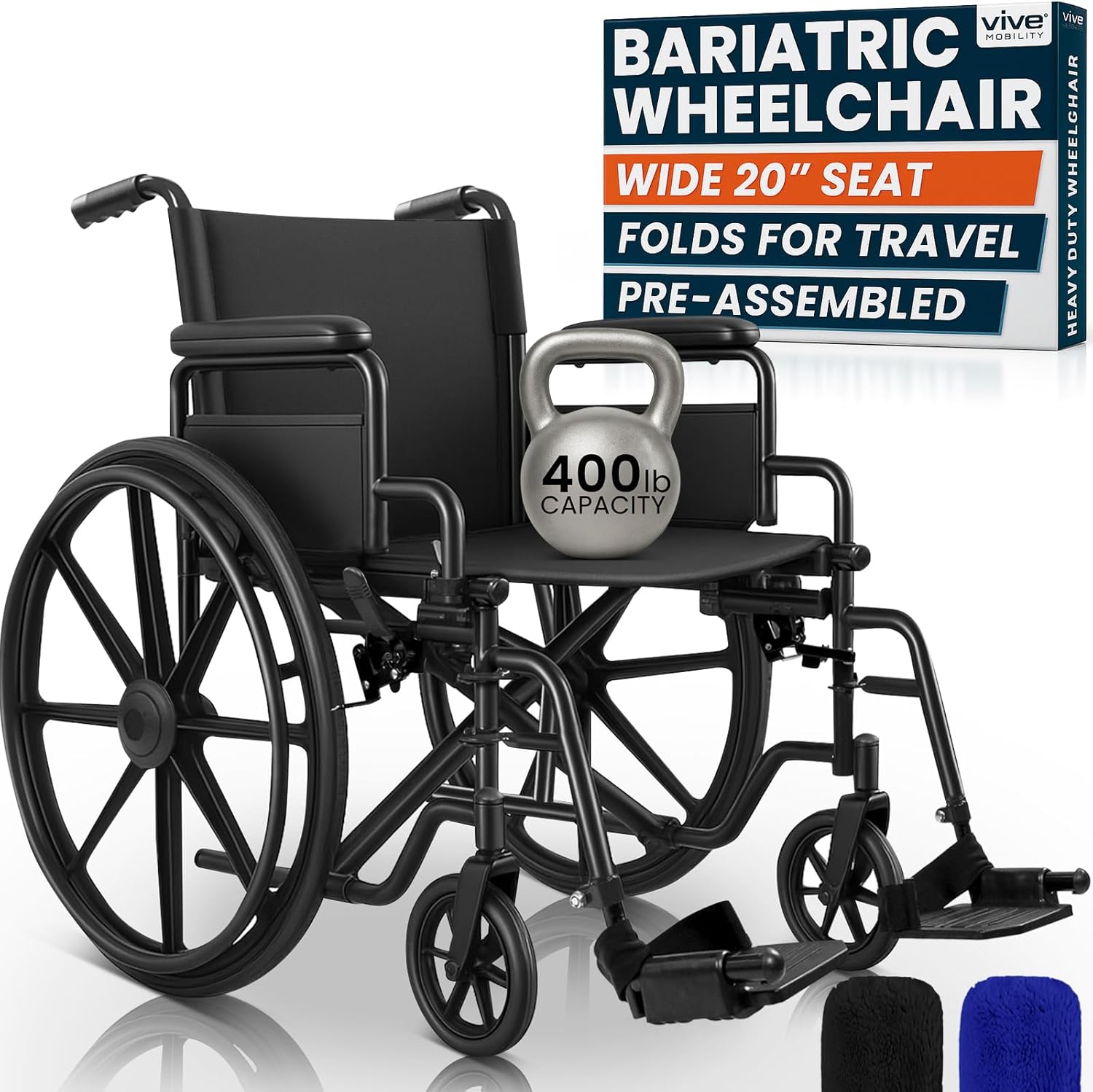 Vive Bariatric Wheelchair for Adults (Supports 400 lbs) - Foldable, Heavy Duty, Manual & Transport Wheel Chair - Portable Senior Drive Travel Scooter for Transfers - Wide 20" Seat Black