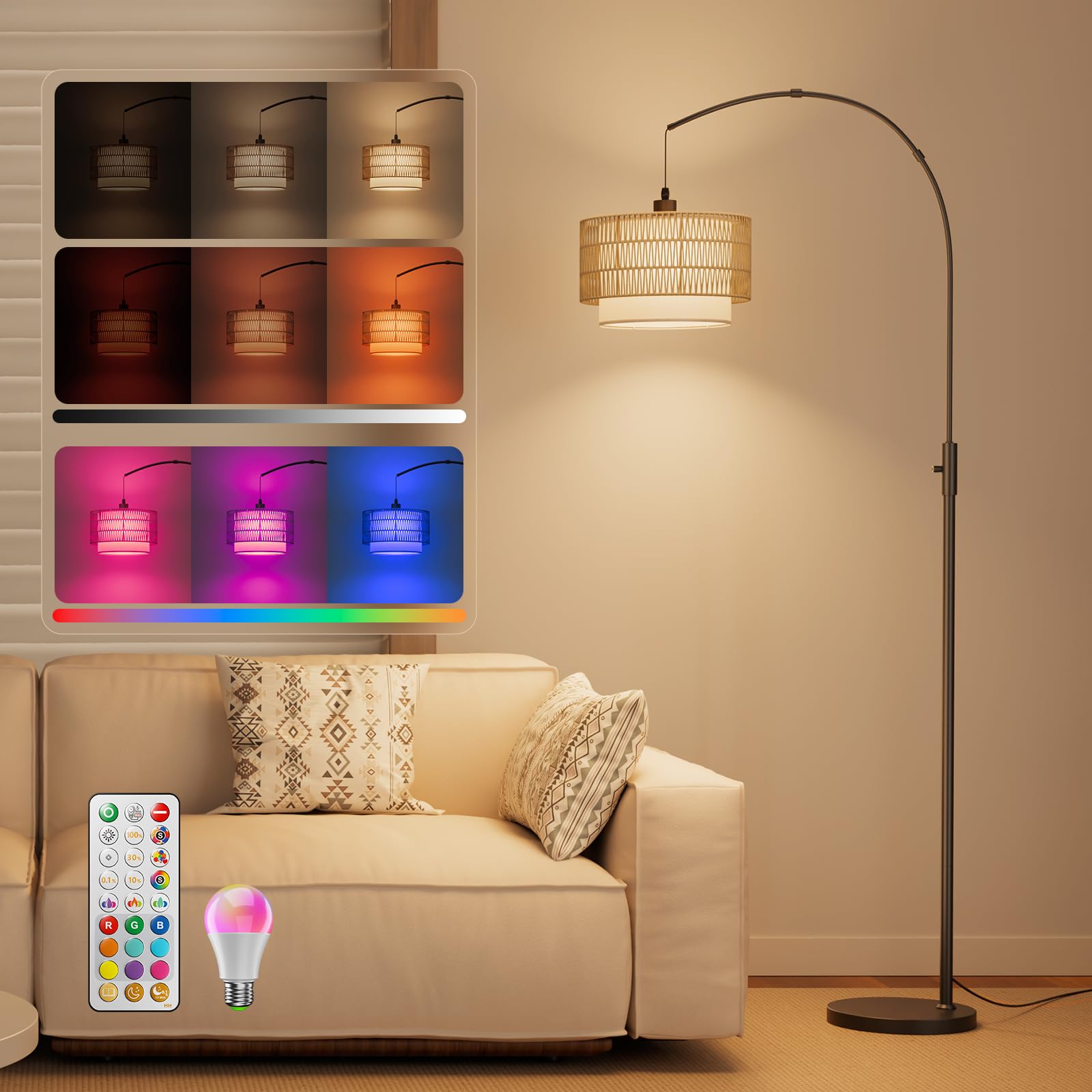 Boho-Bogen Stehlampe RGB, 1600 K Bernsteinlicht/4000K Neutralweiß | 180 cm, 3-in-1-Schirm in Rattan- und Leinenoptik, 10 W 1200 lm, 0,1–100 % dimmbar, Timer, magnetische Fernbedienung