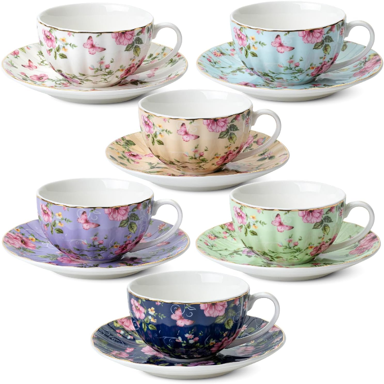 BTaT- Floral Tea Cups and Saucers, Set of 6, 7 oz, Fine Porcelain Teacup Set with Gold Trim for Afternoon Tea, Weddings, Parties & Gifting, Dishwasher Safe and Freezer Safe, Mothers Day Gift