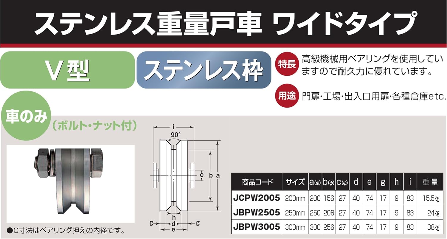 Yokozuna JCPW2005 Stainless Steel Heavy Door Wheel, Wide Type, V-Type, Car Only, 7.9 inches (200 mm)