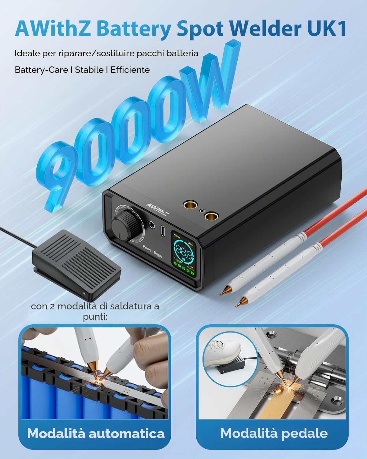 Saldatrice a Punti, AWithZ 9000W Saldatrice a Punti per Batteria UK1,funzionamento con manopola rotante,99 marce, azionamento a pedale, saldatrice a punti da 0,1-0,3mm per fai da te