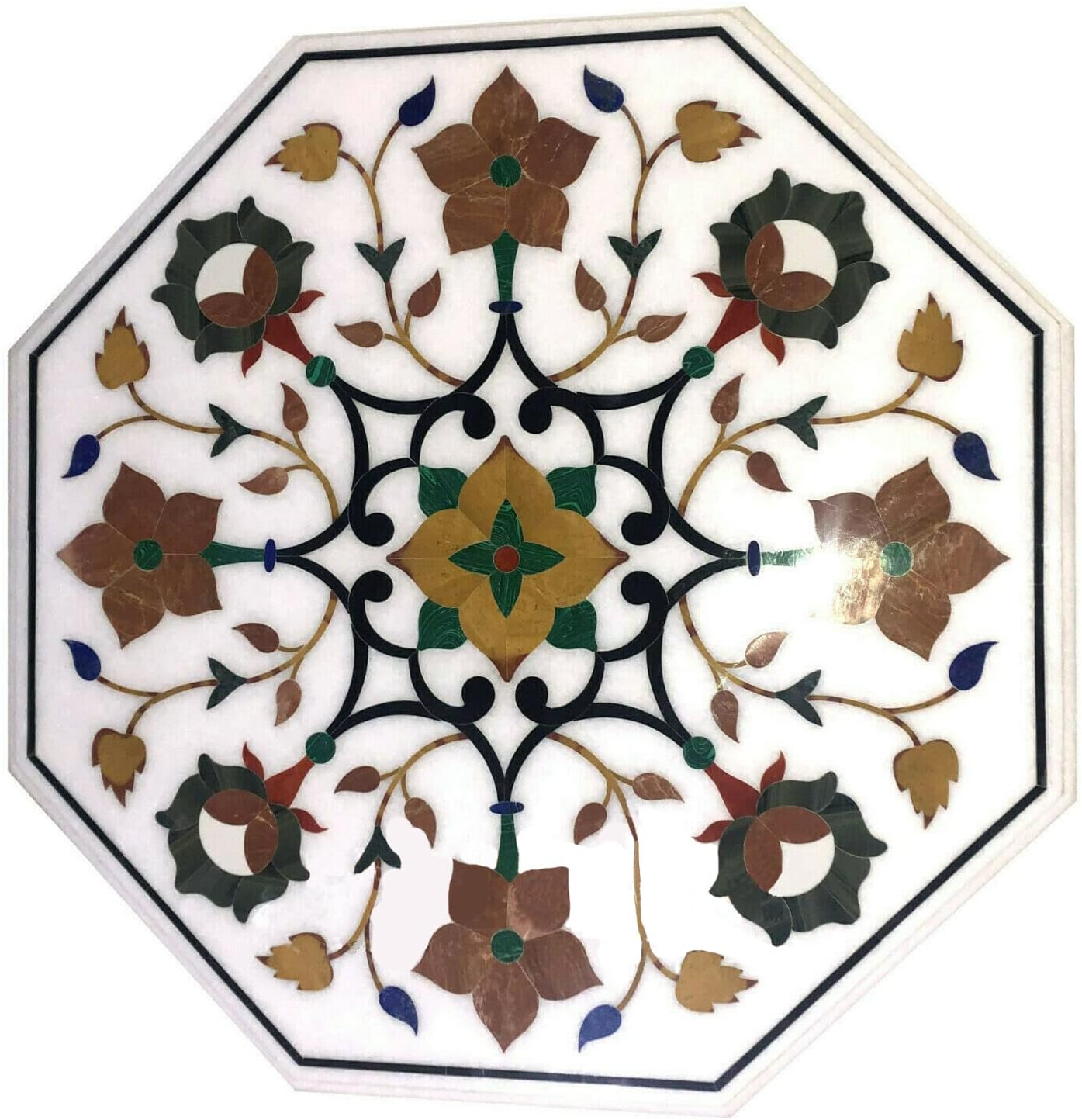 White Marble Coffee Table top, marquetry floral Inlay Handmade Decorative Table Top, Design Art Decor Table Top